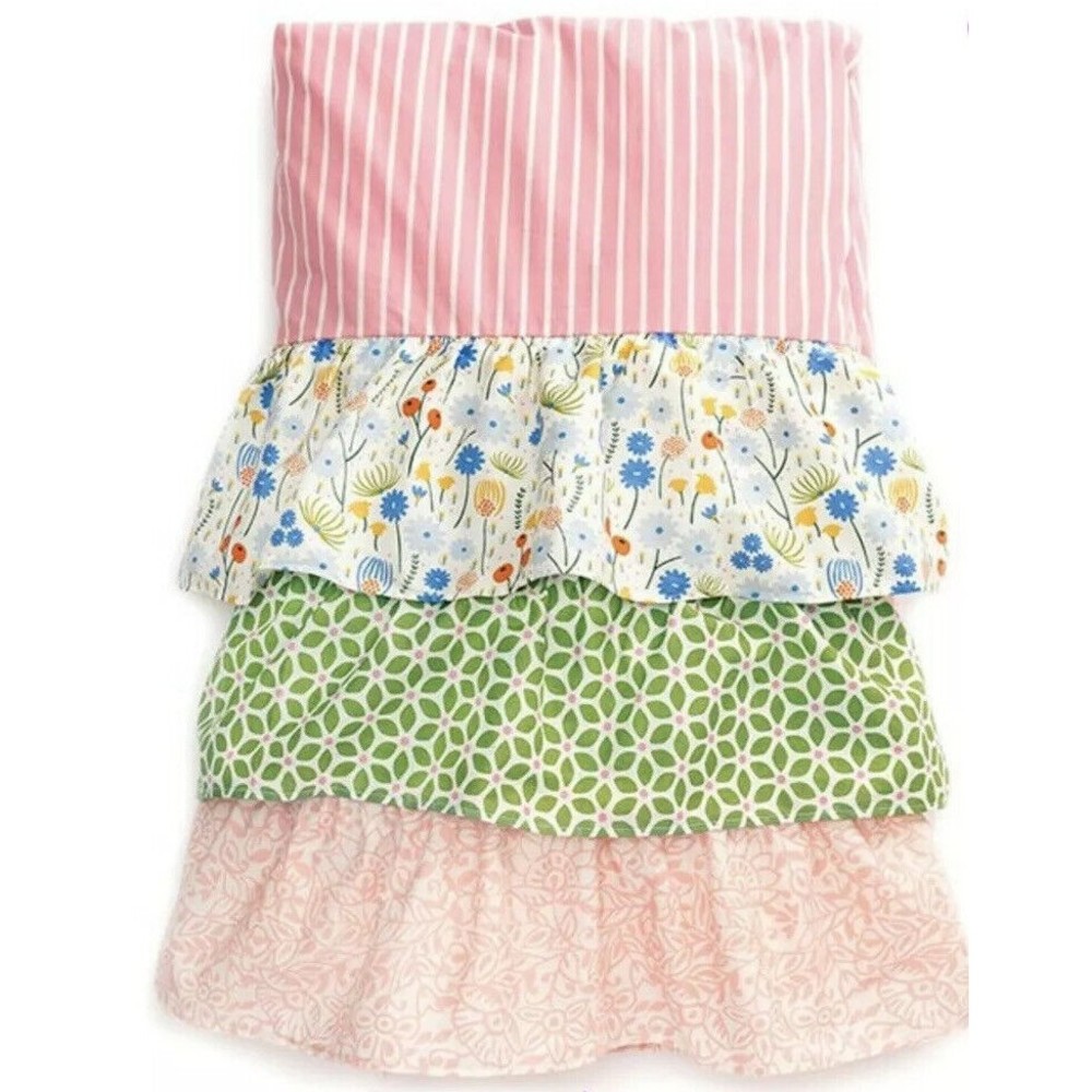 NEW TWIN MATILDA JANE Bedskirt Pink Green Stripe Floral Tiered Ruffle Bed Skirt